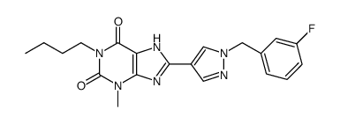 8-(1-(3-fluorobenzyl)-1H-pyrazol-4-yl)-1-butyl-3-methyl-1H-purine-2,6(3H,7H)-dione Structure