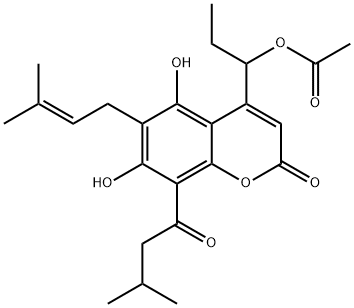 4-(1-Acetoxypropyl)-5,7-dihydroxy-6-(3-methyl-2-butenyl)-8-(3-methylbutyryl)-2H-1-benzopyran-2-one结构式