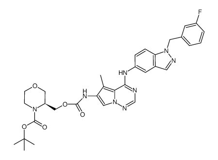 (S)-tert-butyl 3-((4-(1-(3-fluorobenzyl)-1H-indazol-5-ylamino)-5-methylpyrrolo[2,1-f][1,2,4]triazine-6-ylcarbamoyloxy)methyl)morpholine-4-carboxylate结构式