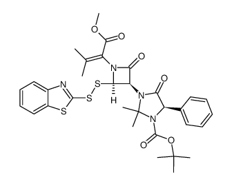 tert-butyl (R)-3-((2R,3R)-2-(benzo[d]thiazol-2-yldisulfanyl)-1-(1-methoxy-3-methyl-1-oxobut-2-en-2-yl)-4-oxoazetidin-3-yl)-2,2-dimethyl-4-oxo-5-phenylimidazolidine-1-carboxylate Structure