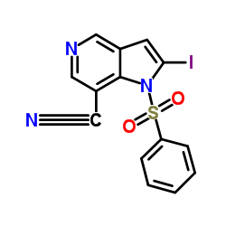 2-Iodo-1-(phenylsulfonyl)-1H-pyrrolo[3,2-c]pyridine-7-carbonitrile structure