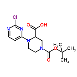 1-(2-Chloro-4-pyrimidinyl)-4-{[(2-methyl-2-propanyl)oxy]carbonyl}-2-piperazinecarboxylic acid structure