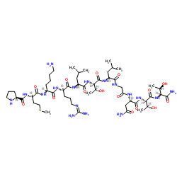 L-Prolyl-L-methionyl-L-lysyl-N5-(diaminomethylene)-L-ornithyl-L-leucyl-L-threonyl-L-leucylglycyl-L-asparaginyl-L-threonyl-L-threoninamide结构式