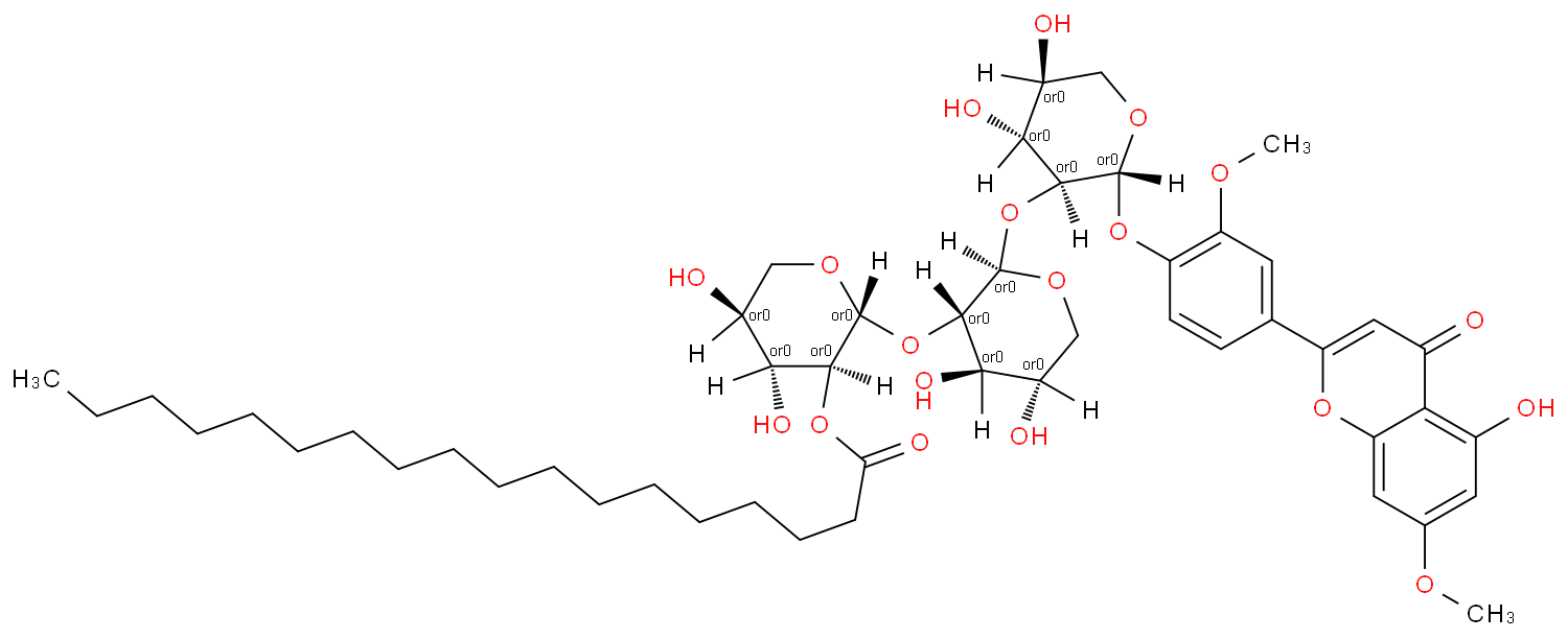 5,4'-dihydroxy-7,3'-dimethoxyflavone-4'-O-beta-D-xylopyranosyl-(2a1b)-2a-O-beta-D-xylopyranosyl-(2b1c)-2b-O-beta-D-xylopyranosyl-2c-octadecanoate Structure