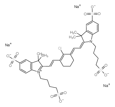 3,3-二甲基-2-[2-[2-氯-3-[2-[1,3-二氢-3,3-二甲基-5-磺酸基-1-(4-磺酸基丁基)-2H-吲哚-2-亚基]乙亚基]-1-环己烯-1-基]乙烯基]-5-磺酸基-1-(4-磺酸基丁基)-3H-吲哚内盐三钠盐结构式
