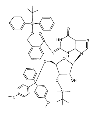 5'-O-(4,4'-dimethoxytrityl)-3'-O-(tert-butyldimethylsilyl)-2-N-[2-[(tert-butyldiphenylsilyloxy)methyl]benzoyl]guanosine Structure