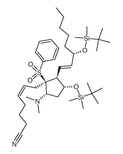 (Z)-7-((1S,2S,3R,5S)-3-((tert-butyldimethylsilyl)oxy)-2-((S,E)-3-((tert-butyldimethylsilyl)oxy)oct-1-en-1-yl)-5-(dimethylamino)-1-(phenylsulfonyl)cyclopentyl)hept-5-enenitrile Structure