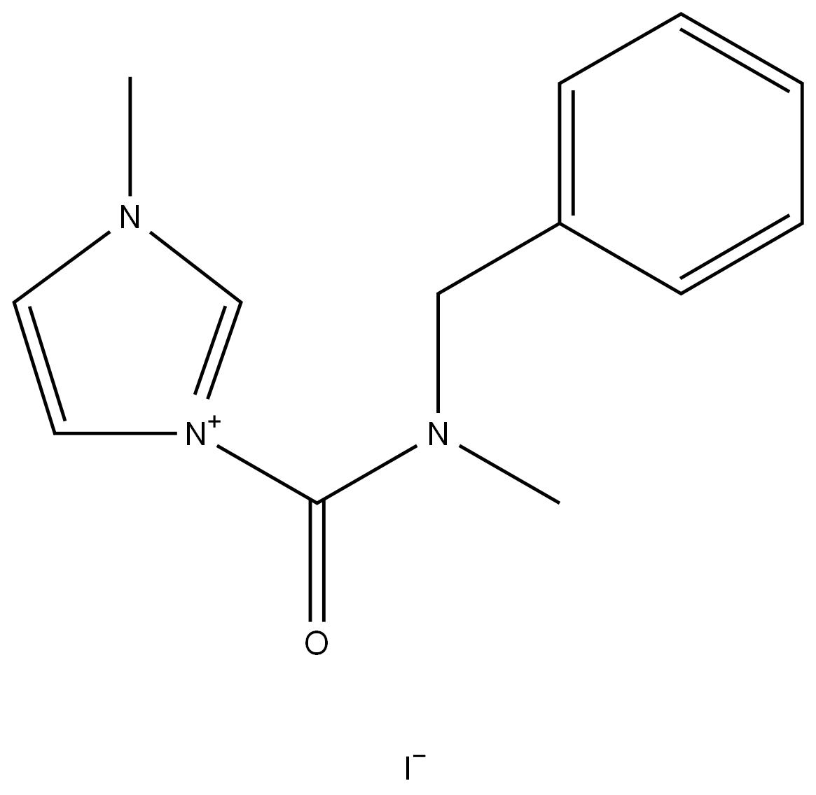 1-[benzyl(methyl)carbamoyl]-3-methyl-1H-imidazol-3-ium iodide structure