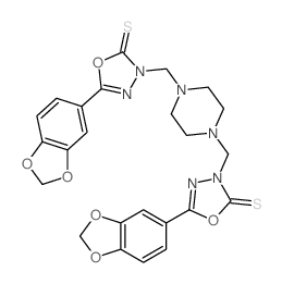 5-benzo[1,3]dioxol-5-yl-3-[[4-[(5-benzo[1,3]dioxol-5-yl-2-sulfanylidene-1,3,4-oxadiazol-3-yl)methyl]piperazin-1-yl]methyl]-1,3,4-oxadiazole-2-thione结构式