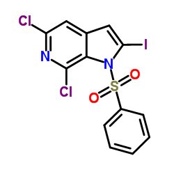 5,7-Dichloro-2-Iodo-1-(phenylsulfonyl)-6-azaindole结构式