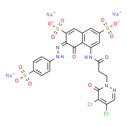 trisodium 4-[[3-(4,5-dichloro-6-oxo-6H-pyridazin-1-yl)propionyl]amino]-5-hydroxy-6-[(4-sulphonatophenyl)azo]naphthalene-2,7-disulphonate Structure