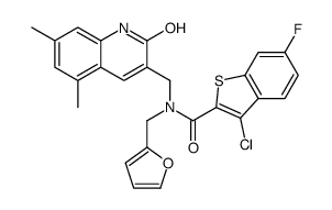 Benzo[b]thiophene-2-carboxamide, 3-chloro-N-[(1,2-dihydro-5,7-dimethyl-2-oxo-3-quinolinyl)methyl]-6-fluoro-N-(2-furanylmethyl)- (9CI)结构式
