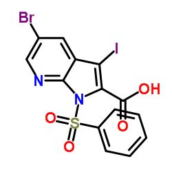 5-Bromo-3-iodo-1-(phenylsulfonyl)-1H-pyrrolo[2,3-b]pyridine-2-carboxylic acid结构式