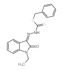 Hydrazinecarbodithioicacid, 2-(1-ethyl-1,2-dihydro-2-oxo-3H-indol-3-ylidene)-, phenylmethyl ester Structure