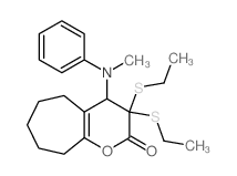 9,9-bis(ethylsulfanyl)-8-(methyl-phenyl-amino)-11-oxabicyclo[5.4.0]undec-12-en-10-one structure