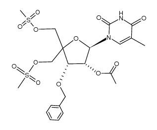 1-(2-O-acetyl-3-O-benzyl-4-C-methanesulfonoxymethyl-5-O-methanesulfonyl-β-D-ribofuranosyl)thymine结构式