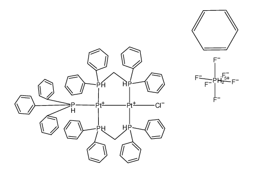 [(platinum(I))2(μ-bis(diphenylphosphino)methane)2Cl(PPh3)](PF6)*3(benzene) Structure