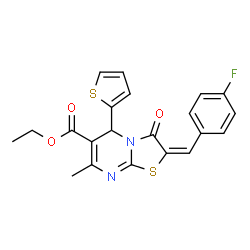 ethyl (E)-2-(4-fluorobenzylidene)-7-methyl-3-oxo-5-(thiophen-2-yl)-2,3-dihydro-5H-thiazolo[3,2-a]pyrimidine-6-carboxylate结构式