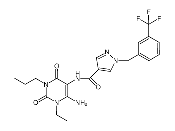 N-(6-amino-1-ethyl-2,4-dioxo-3-propyl(1,3-dihydropyrimidin-5-yl))(1-{[3-(trifluoromethyl)phenyl]methyl}-pyrazol-4-yl)carboxamide结构式