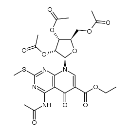 4-amino-2-methylsulfanyl-5-oxo-8-(tri-O-acetyl-β-D-ribofuranosyl)-5,8-dihydro-pyrido[2,3-d]pyrimidine-6-carboxylic acid ethyl ester结构式