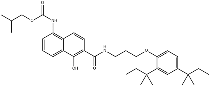 2-methylpropyl [6-({3-[2,4-bis(1,1-dimethylpropyl)phenoxy]propyl}carbamoyl)-5-hydroxynaphthalen-1-yl]carbamate结构式