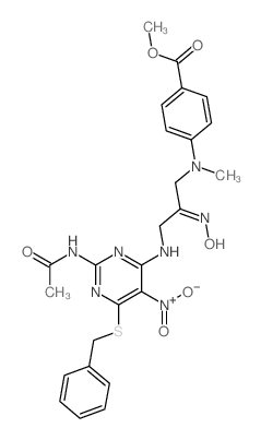 Benzoicacid,4-[[3-[[2-(acetylamino)-5-nitro-6-[(phenylmethyl)thio]-4-pyrimidinyl]amino]-2-(hydroxyimino)propyl]methylamino]-,methyl ester Structure