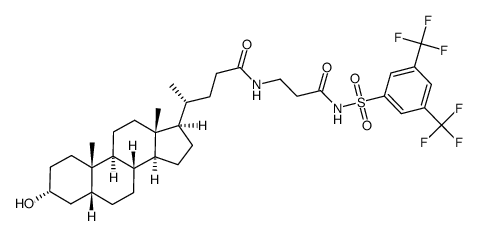 (R)-4-((3R,5R,8R,9S,10S,13R,14S,17R)-3-hydroxy-10,13-dimethyl-hexadecahydro-cyclopenta[a]phenanthren-17-yl)-pentanoic acid [3-(3,5-bis-trifluoromethyl-benzenesulfonylamino)-3-oxo-propyl]-amide结构式