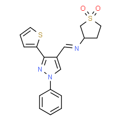 (E)-3-(((1-phenyl-3-(thiophen-2-yl)-1H-pyrazol-4-yl)methylene)amino)tetrahydrothiophene 1,1-dioxide Structure