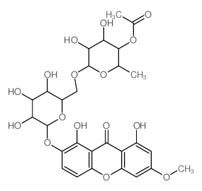 9H-Xanthen-9-one,2-[[6-O-(4-O-acetyl-6- deoxy-R-L-mannopyranosyl)-â-Dglucopyranosyl] oxy]-1,8-dihydroxy-6- methoxy-结构式
