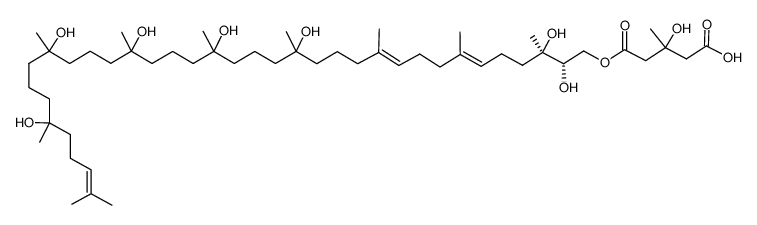 3-Hydroxy-3-methylglutaric acid hydrogen 1-(2,3,15,19,23,27,31-heptahydroxy-3,7,11,15,19,23,27,31,35-nonamethyl-6,10,34-hexatriacontatrien-1-yl) ester结构式