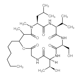 Glycine, N-(N-(N-(N-(N-(3-hydroxy-2-methyl-1-oxononyl)-N-methyl-L-leuc yl)-L-valyl)-L-seryl)-L-allothreonyl)-, rho-lactone Structure