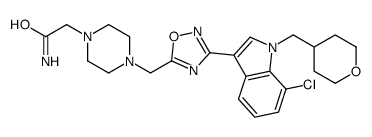 2-[4-[[3-[7-chloro-1-(oxan-4-ylmethyl)indol-3-yl]-1,2,4-oxadiazol-5-yl]methyl]piperazin-1-yl]acetamide structure