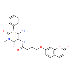 Butanamide,N-(6-amino-1,2,3,4-tetrahydro-3-methyl-2,4-dioxo-1-phenyl-5-pyrimidinyl)-4-[(2-oxo-2H-1-benzopyran-7-yl)oxy]- structure