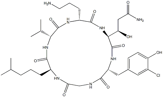 Cyclo[Gly-6,6-dimethyl-L-Nle-D-Val-D-Orn-[(3R)-3-hydroxy-L-Gln-]-5-chloro-D-Tyr-] structure