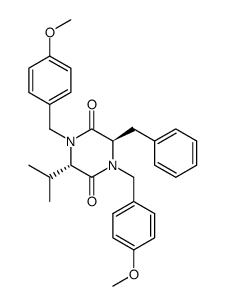 (3R,6S)-N,N'-bis-(4-methoxybenzyl)-3-benzyl-6-isopropyl-piperazine-2,5-dione结构式