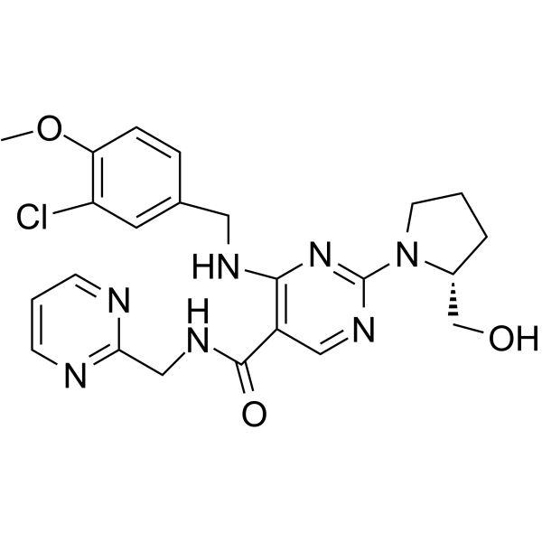 4-[[(3-氯-4-甲氧基苯基)甲基]氨基]-2-[(2R)-2-(羟甲基)-1-吡咯烷基]-N-(2-嘧啶基甲基)-5-嘧啶甲酰胺结构式