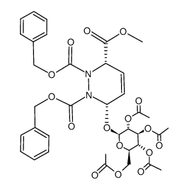 Methyl (3S,6S)-1,2-bis(benzyloxycarbonyl)-1,2,3,6-tetrahydro-6-(2`,3`,4`,6`-tetra-O-acetyl-β-D-glucopyranosyloxy)pyridazine-3-carboxylate结构式