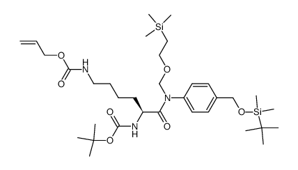 {5-tert-butoxycarbonylamino-5-[[4-(tert-butyl-dimethyl-silanyloxymethyl)phenyl]-(2-trimethylsilanyl-ethoxymethyl)carbamoyl]-pentyl}-carbamic acid allyl ester结构式