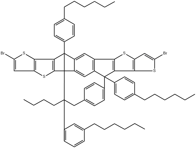 6,6,12,12-四(4-己基苯基)-6,12-二氢二噻吩[2,3-d:2',3'-d']-s-茚并[1,2-b:5,6-b']二噻吩-2,8-二溴结构式