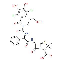 6-(2-(3-(2,5-dichloro-3,4-dihydroxybenzoyl)-3-(3-hydroxypropyl)-1-ureido)-2-phenylacetamido)penicillanic acid structure