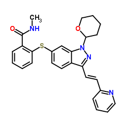 N-Methyl-2-[[3-[(1E)-2-(2-pyridinyl)ethenyl]-1-(tetrahydro-2H-pyran-2-yl)-1H-indazol-6-yl]thio]benzamide structure