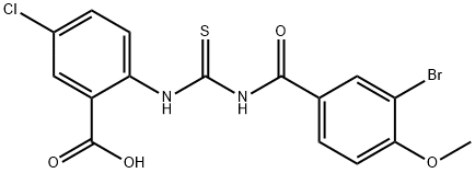 2-[[[(3-bromo-4-methoxybenzoyl)amino]thioxomethyl]amino]-5-chloro-benzoic acid structure