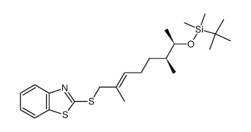 2-(((6S,7R,E)-7-((tert-butyldimethylsilyl)oxy)-2,6-dimethyloct-2-en-1-yl)thio)benzo[d]thiazole结构式