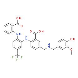 Benzoic acid,2-[[2-[(2-carboxyphenyl)amino]-5-(trifluoromethyl)phenyl]amino]-5-[[[(4-hydroxy-3-methoxyphenyl)methyl]amino]methyl]- Structure