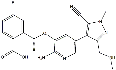 (R)-2-(1-((2-amino-5-(5-cyano-1-methyl-3-((methylamino)methyl)-1H-pyrazol-4-yl)pyridin-3-yl)oxy)ethyl)-4-fluorobenzoicacid Structure
