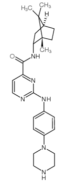 2-(4-piperazin-1-ylanilino)-N-(4,7,7-trimethyl-3-bicyclo[2.2.1]heptanyl)pyrimidine-4-carboxamide structure