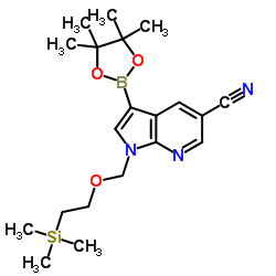 3-(tetramethyl-1,3,2-dioxaborolan-2-yl)-1-{[2-(trimethylsilyl)ethoxy]methyl}-1H-pyrrolo[2,3-b]pyridine-5-carbonitrile structure