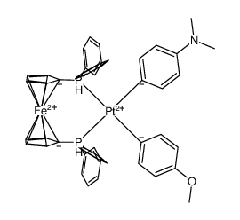 (1,1'-bis(diphenylphosphinoferrocene)Pt(C6H4-4-OMe)(C6H4-4-NMe2)结构式