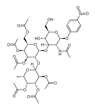 p-nitrophenyl 2-acetamido-2-deoxy-3-O-(3,4,6-tri-O-acetyl-2-O-(2,3,4-tri-O-acetyl-α-L-fucopyranosyl)-β-D-galactopyranosyl)-β-D-glucopyranoside Structure