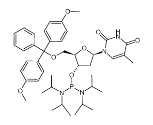 5'-O-(4,4'-dimethoxytrityl)-3'-O-bis(N,N-diisopropylamino)phosphinyl-2'-deoxythymidine结构式